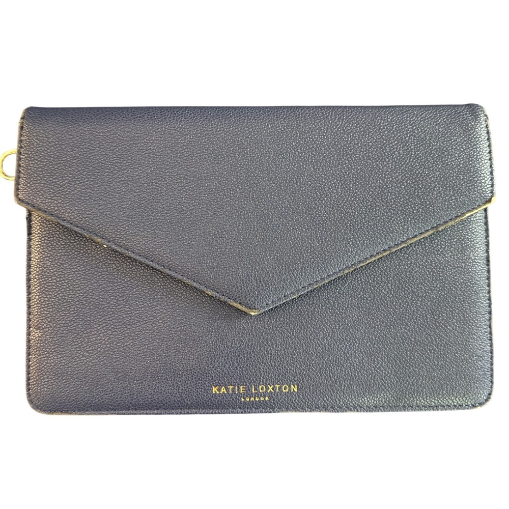 Katie Loxton London Navy Blue Envelope Clutch Bag PU Leather Gold Tone Hardware